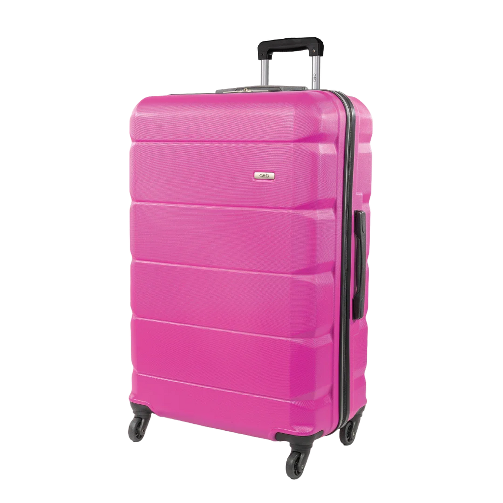 Pink suitcase with wheels and handle on a white background