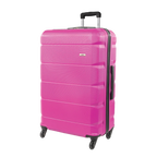 Pink suitcase with wheels and handle on a white background