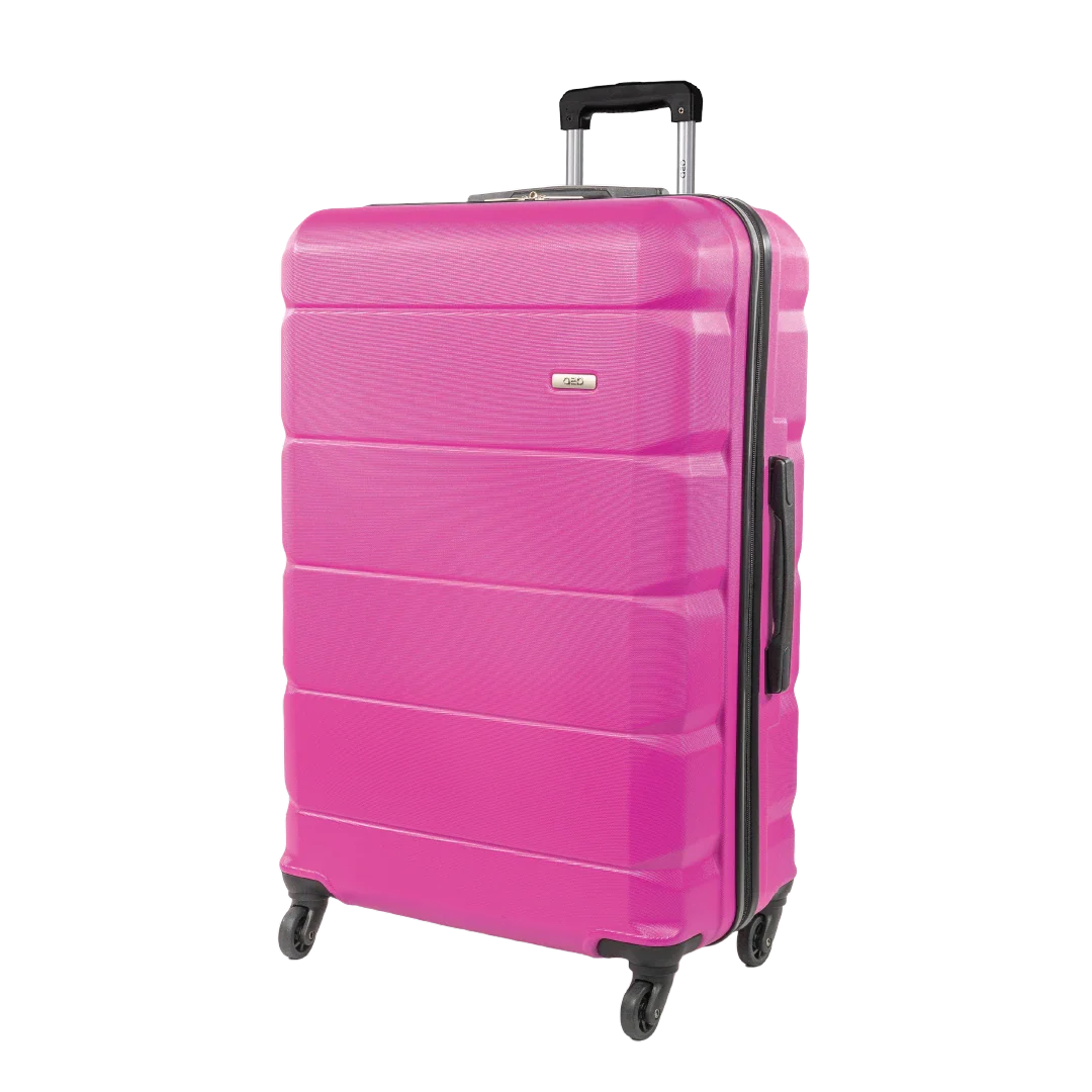 Pink suitcase with wheels and handle on a white background