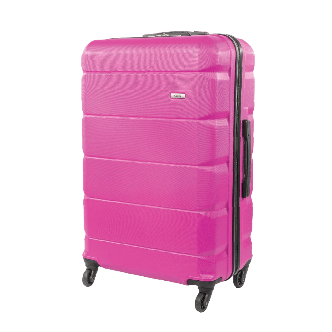 Pink suitcase with black wheels on a white background