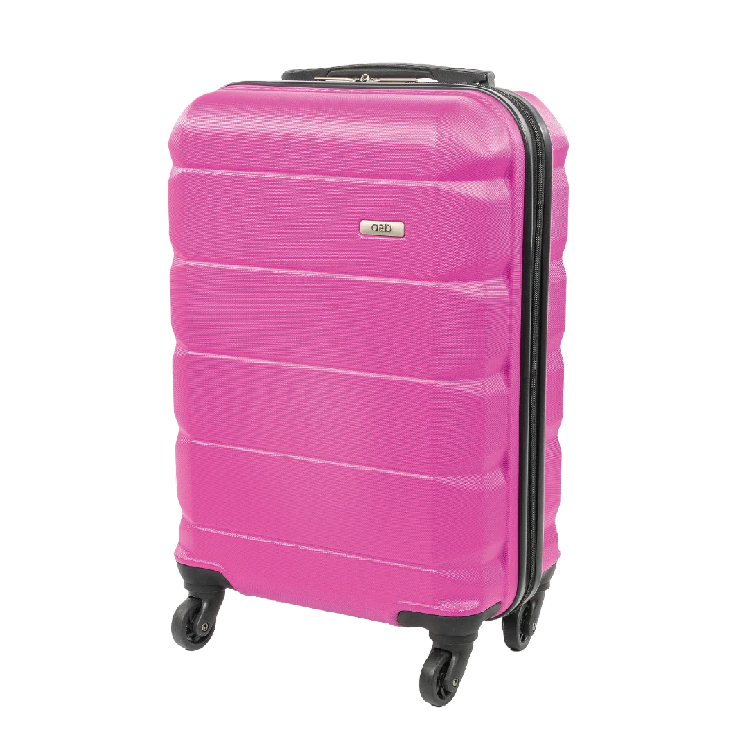Pink suitcase with black wheels on a white background