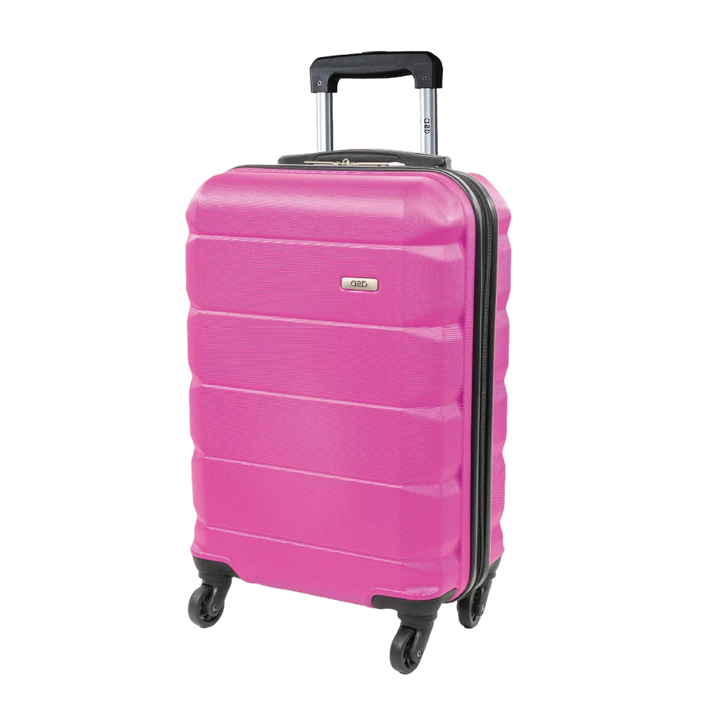 Pink suitcase with a visible brand logo on a white background