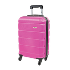 Pink suitcase with a visible brand logo on a white background