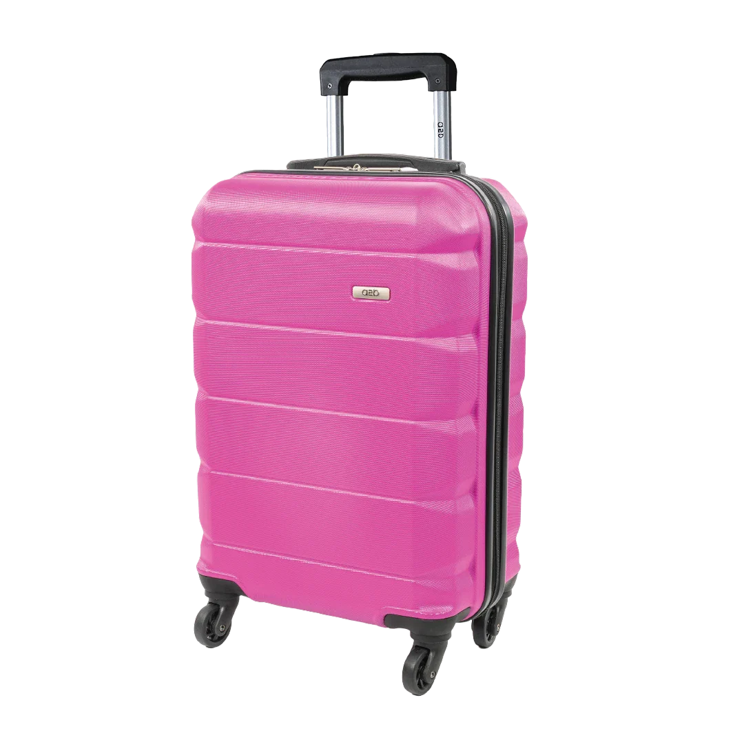Pink suitcase with a visible brand logo on a white background