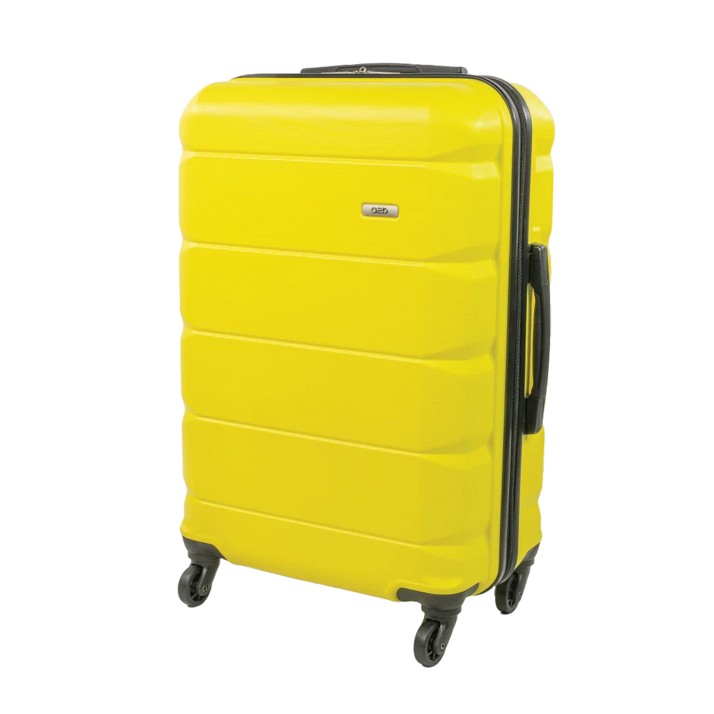 Yellow suitcase with black handle and wheels on a white background