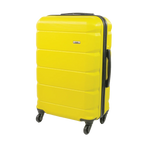 Yellow suitcase with black handle and wheels on a white background