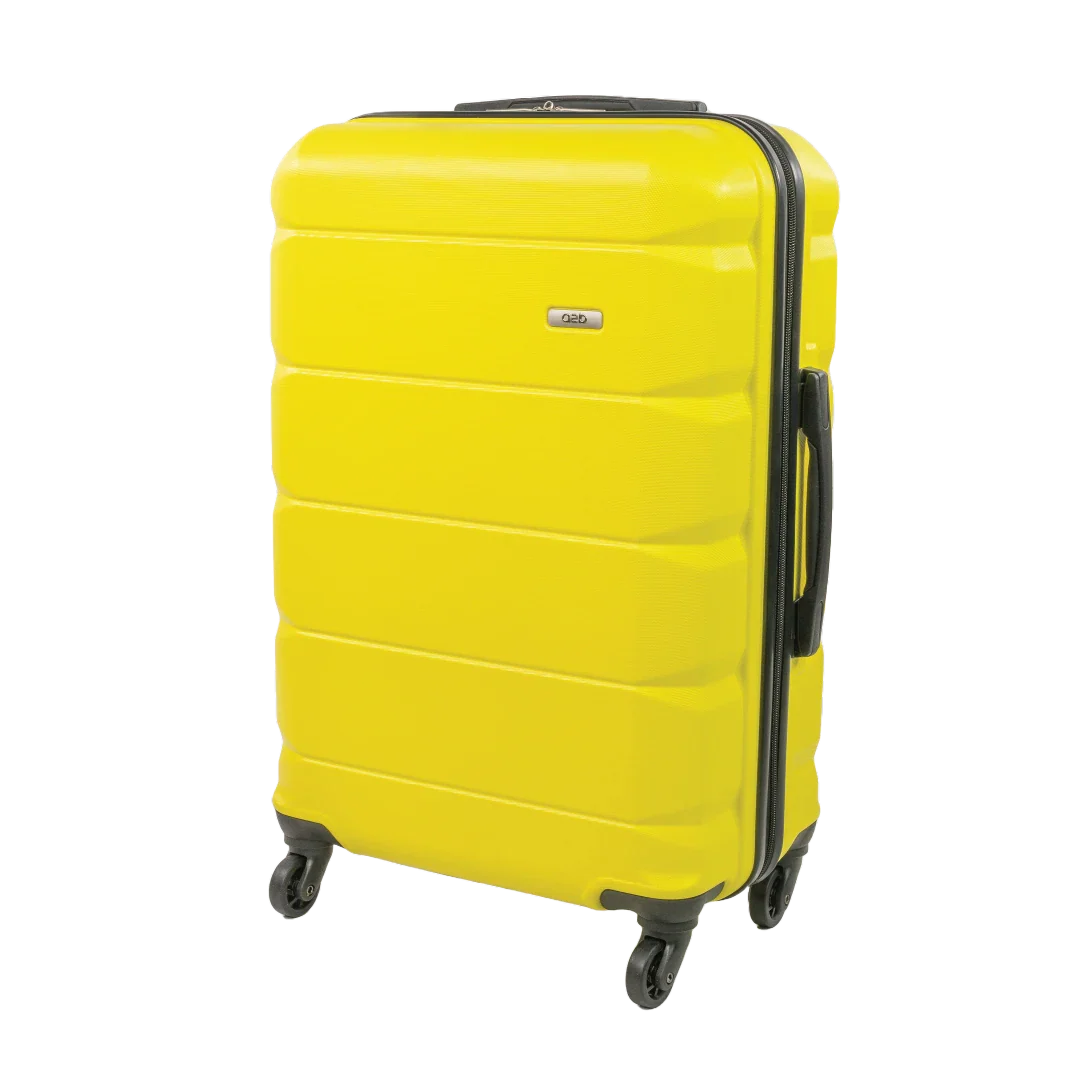 Yellow suitcase with black handle and wheels on a white background