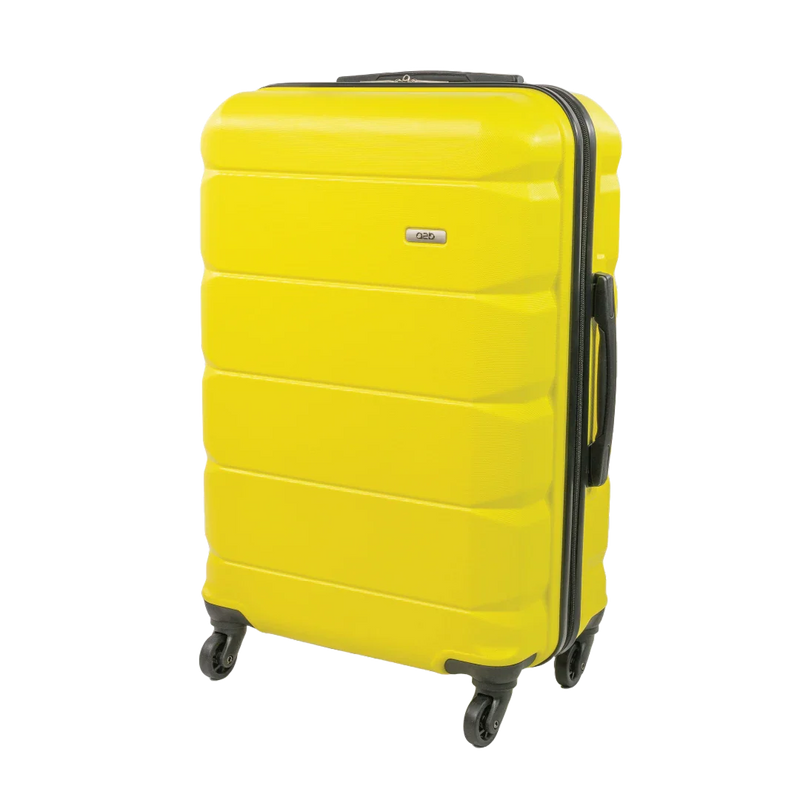 Yellow suitcase with black handle and wheels on a white background