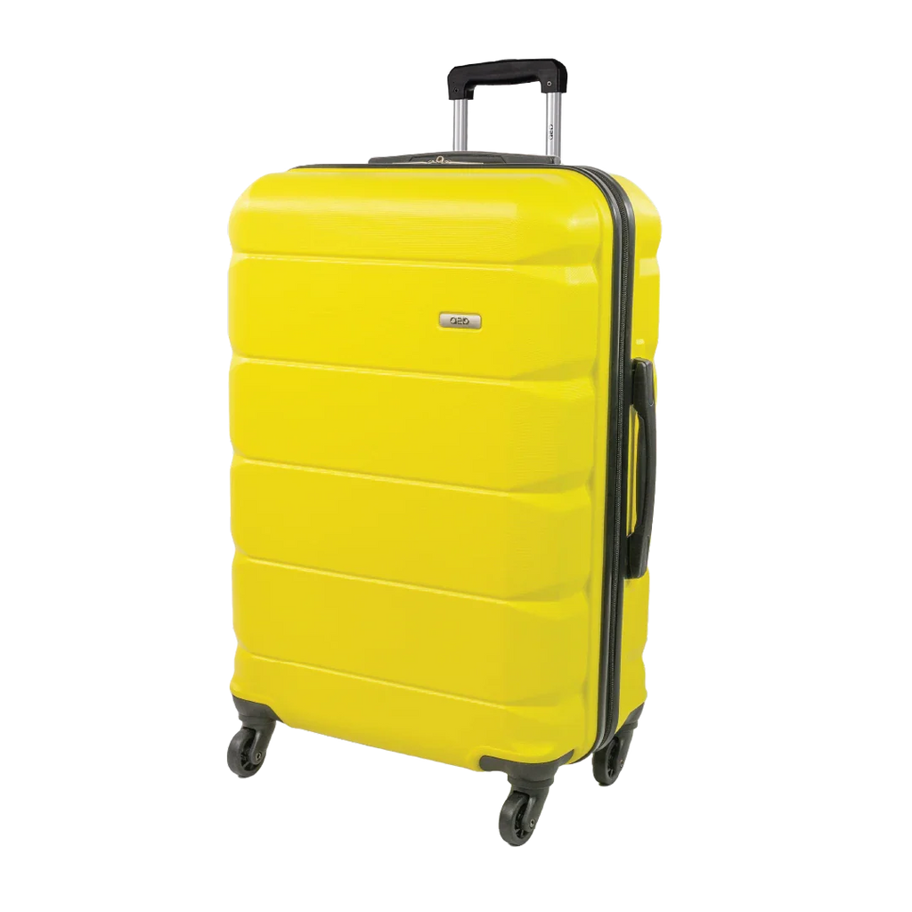 Yellow suitcase with black handle and wheels on a white background