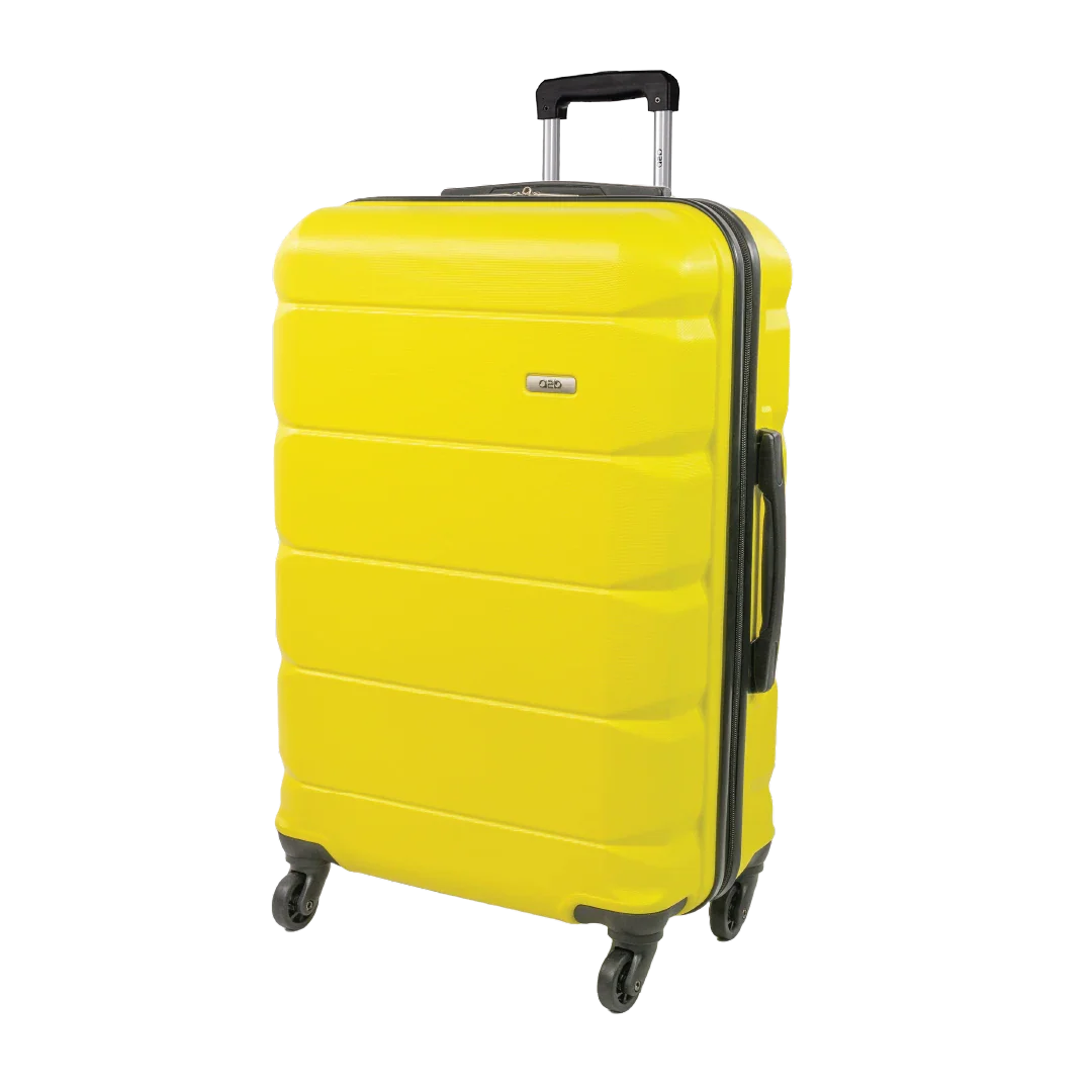 Yellow suitcase with black handle and wheels on a white background