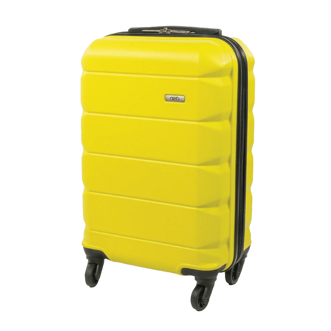 Yellow suitcase with black wheels and handle on a white background