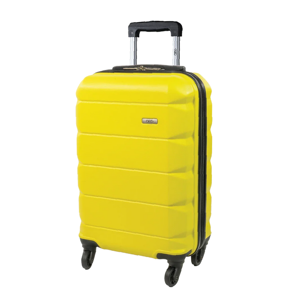 Yellow suitcase with black handle and wheels on a white background