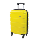 Yellow suitcase with black handle and wheels on a white background