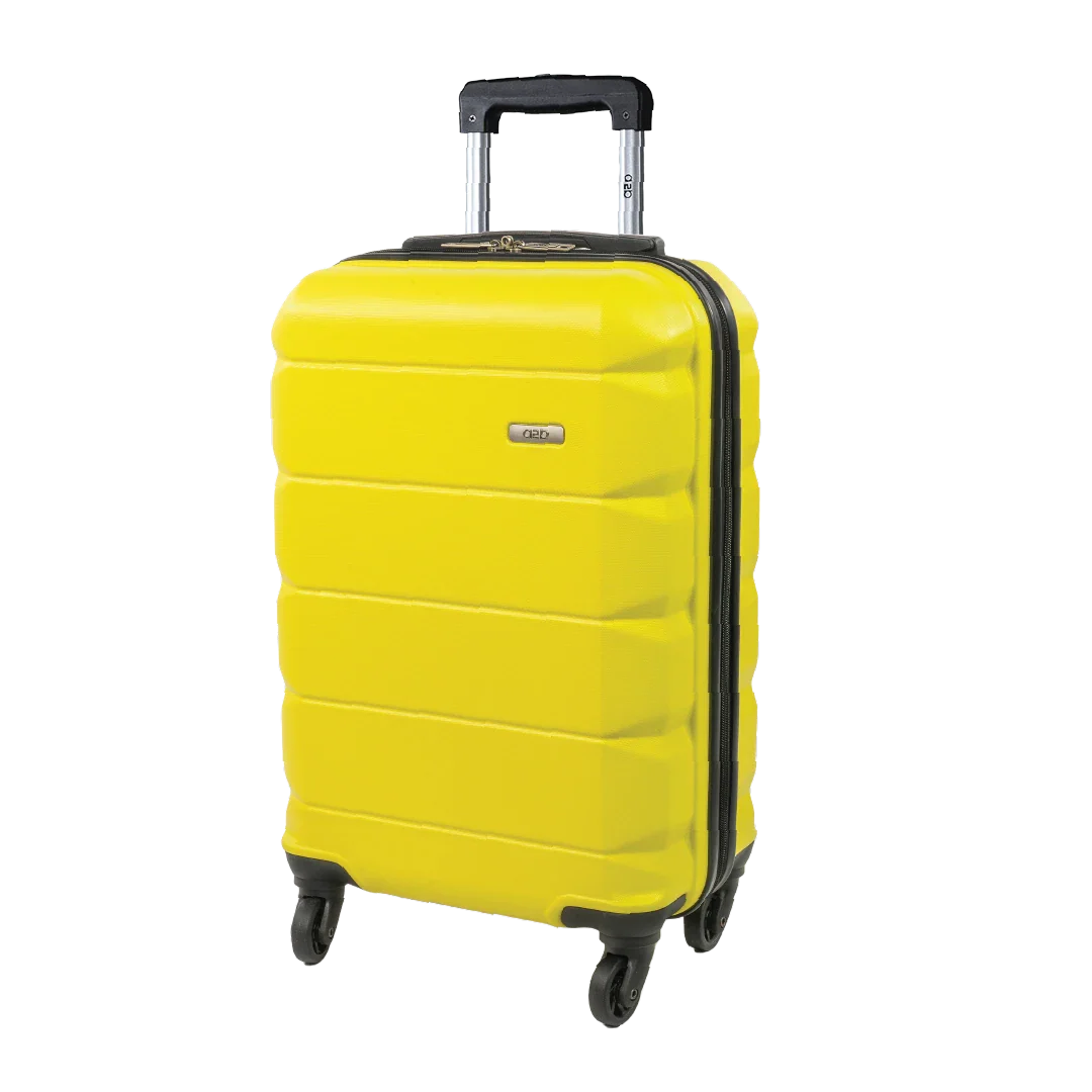Yellow suitcase with black handle and wheels on a white background