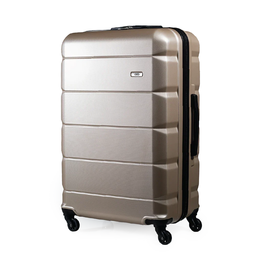 Beige suitcase with black wheels on a white background