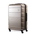 Beige suitcase with black wheels on a white background