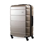 Beige suitcase with black wheels on a white background