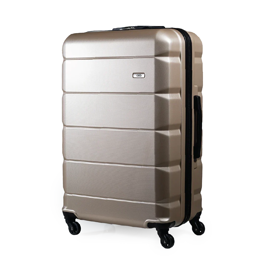 Beige suitcase with black wheels on a white background