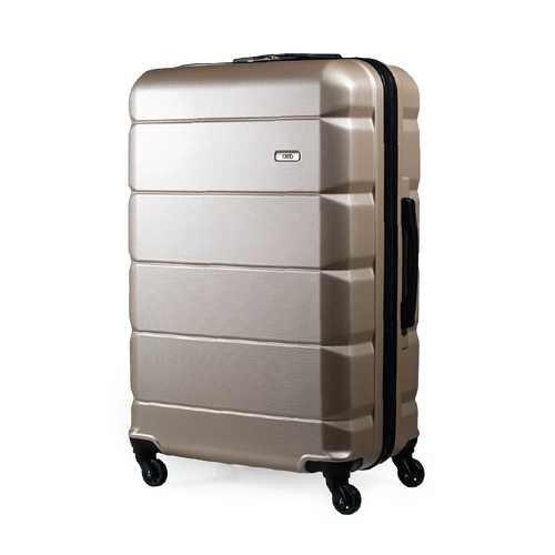 Beige suitcase with black wheels on a white background