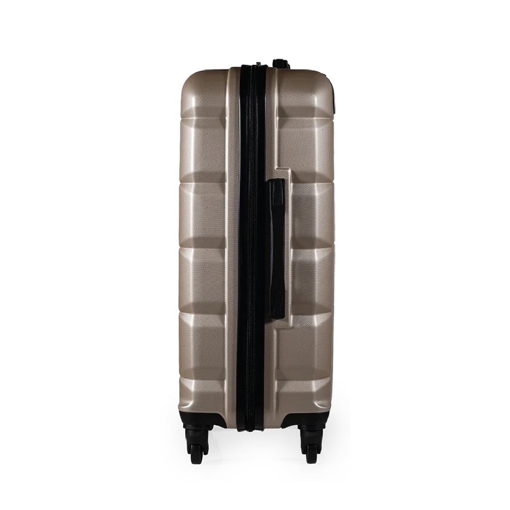 Beige suitcase with black handle on a white background