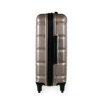 Beige suitcase with black handle on a white background