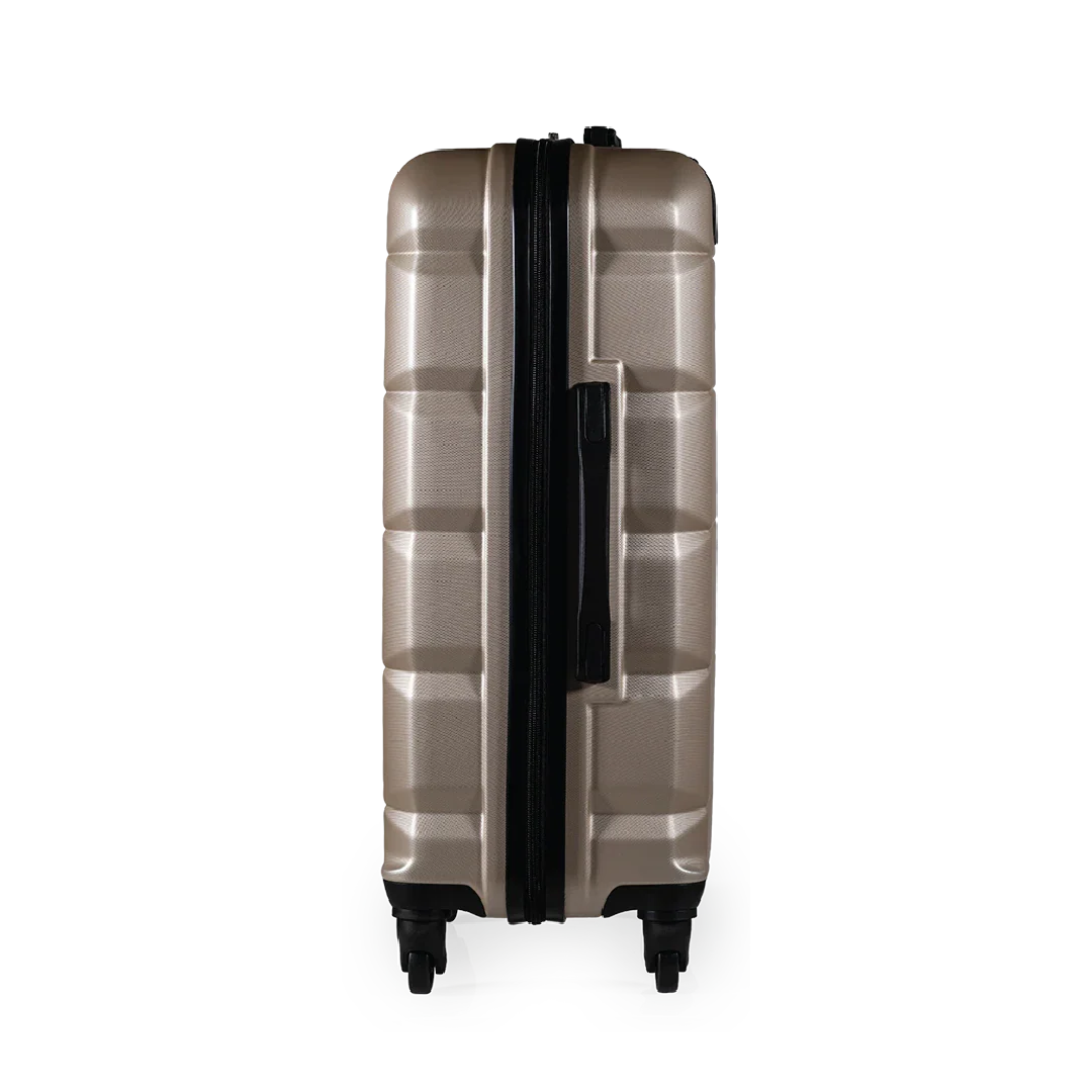 Beige suitcase with black handle on a white background