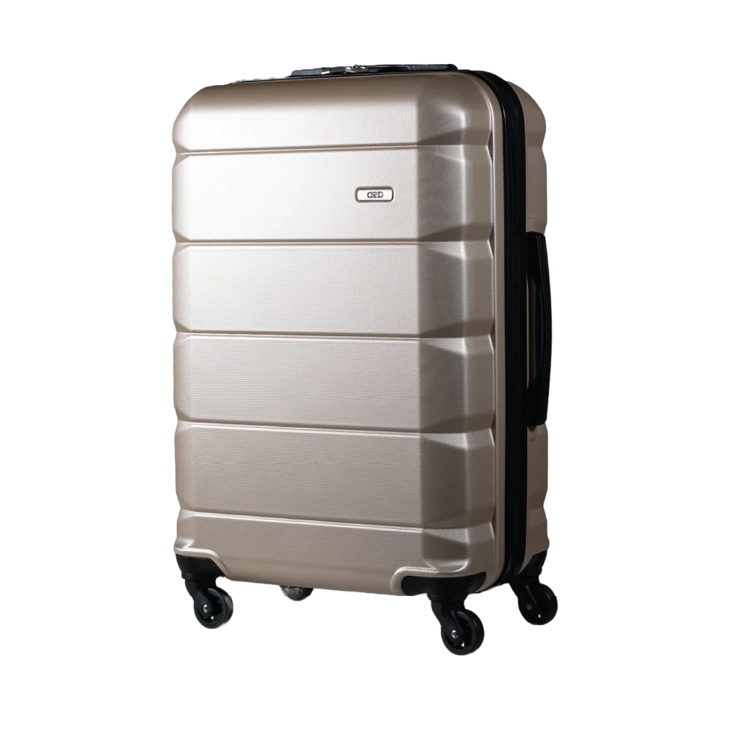 Silver suitcase with black wheels on a white background