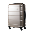 Silver suitcase with black wheels on a white background