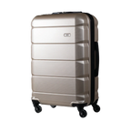 Silver suitcase with black wheels on a white background