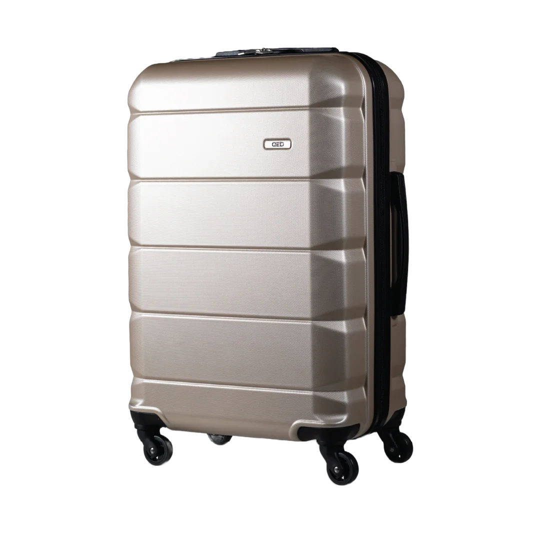 Silver suitcase with black wheels on a white background