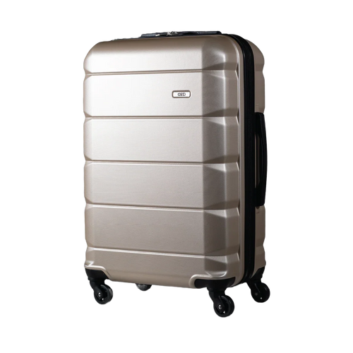 Silver suitcase with black wheels on a white background