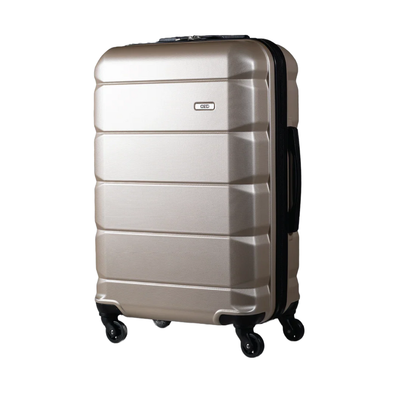 Silver suitcase with black wheels on a white background