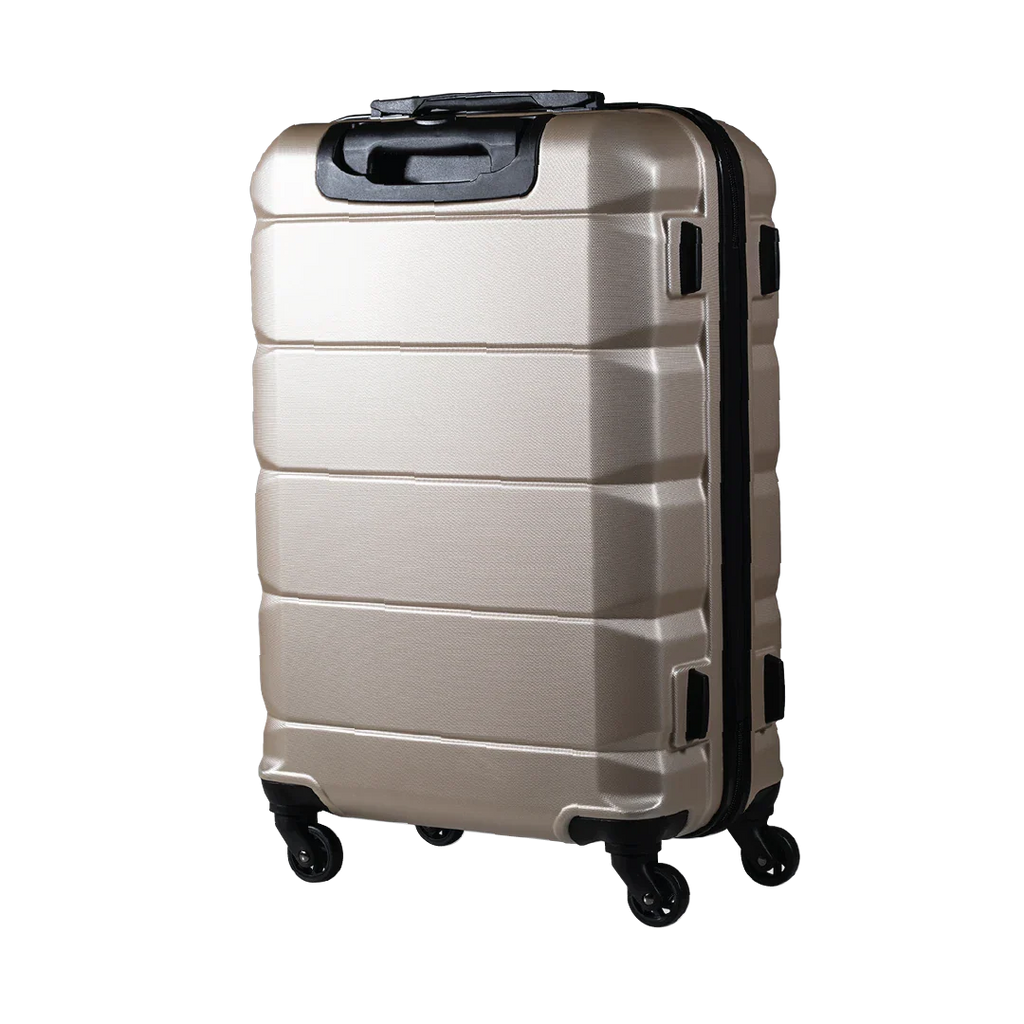 Beige suitcase with black wheels on a white background