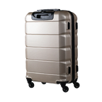 Beige suitcase with black wheels on a white background