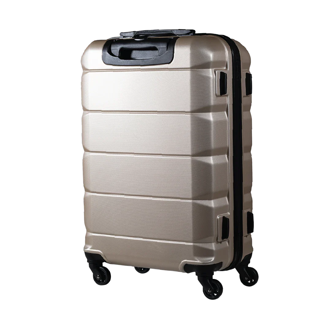 Beige suitcase with black wheels on a white background