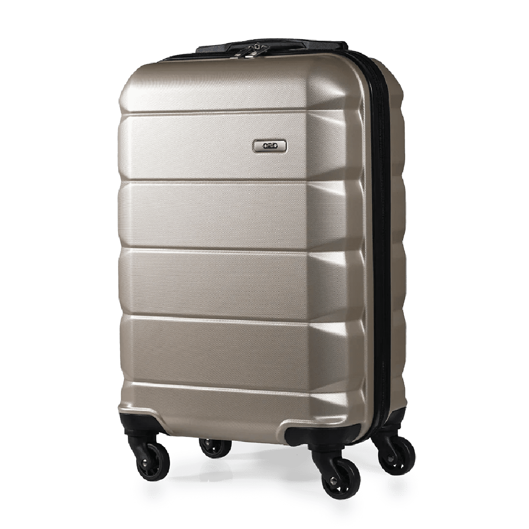 Silver suitcase with black wheels on a white background