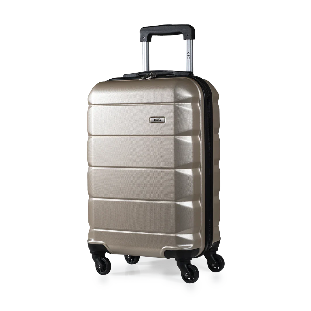 Gold suitcase with wheels on a white background