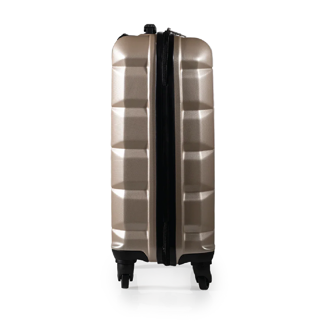 Silver suitcase with black accents on a white background