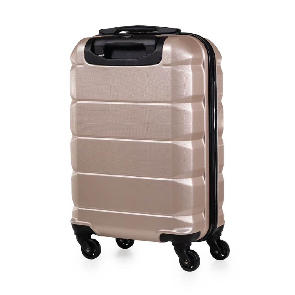 Beige suitcase with black wheels and handle on a white background