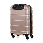 Beige suitcase with black wheels and handle on a white background