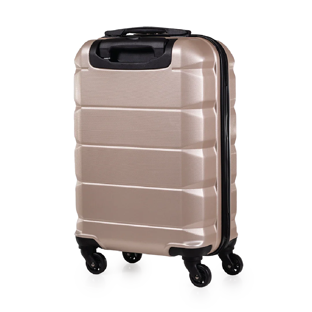 Beige suitcase with black wheels and handle on a white background