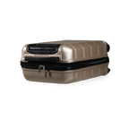 Beige suitcase with black accents on a white background
