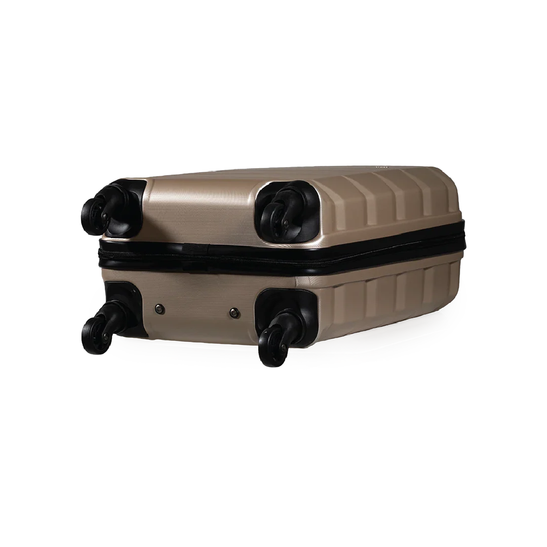 Beige and black suitcase on a white background