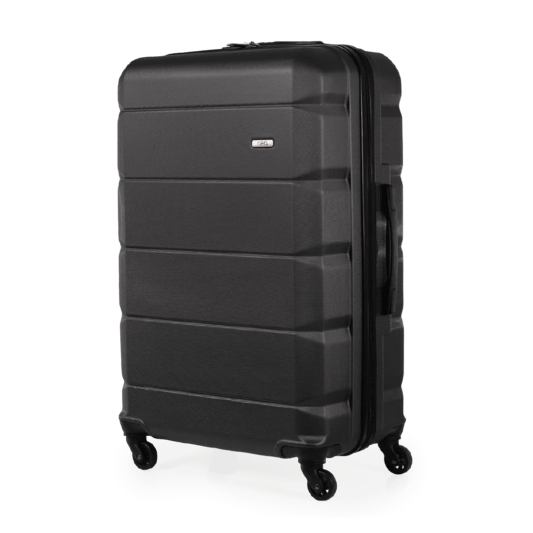 Black suitcase with wheels on a white background