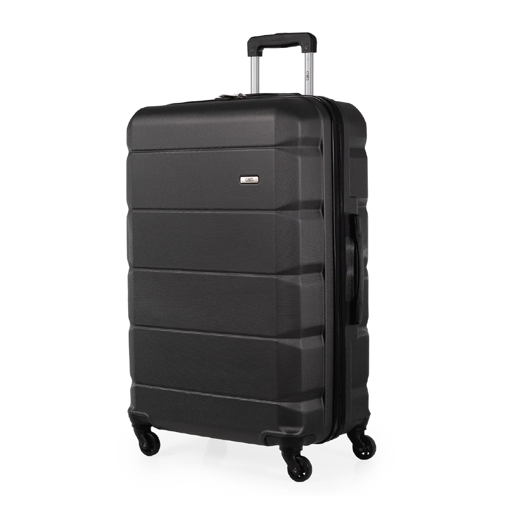 Black suitcase with wheels on a white background