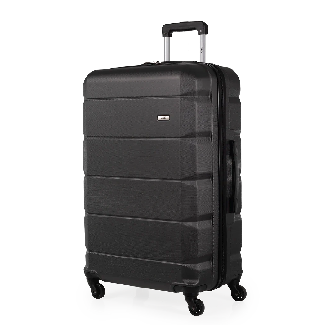 Black suitcase with wheels on a white background