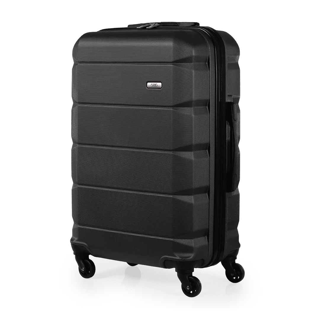 Black suitcase with wheels on a white background