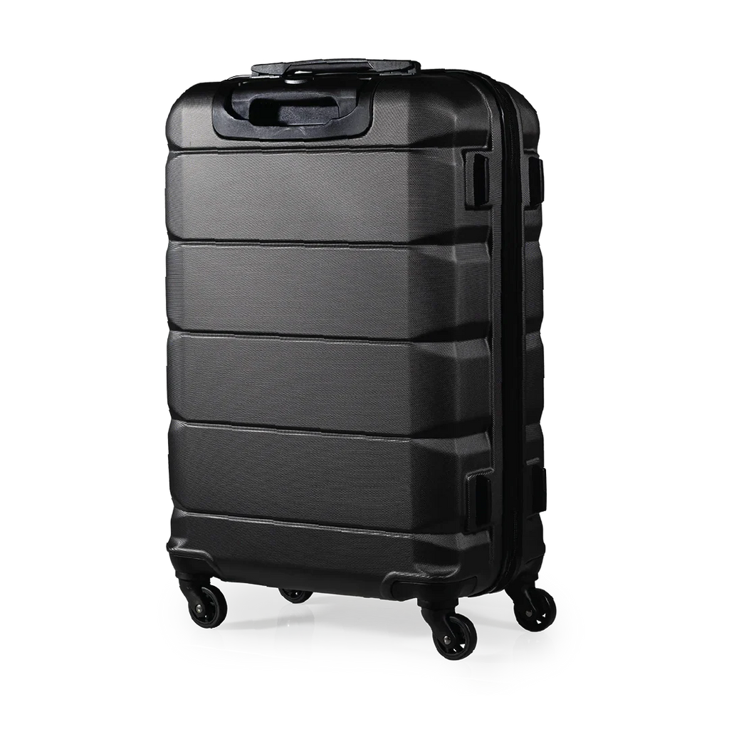 Black suitcase with wheels on a white background
