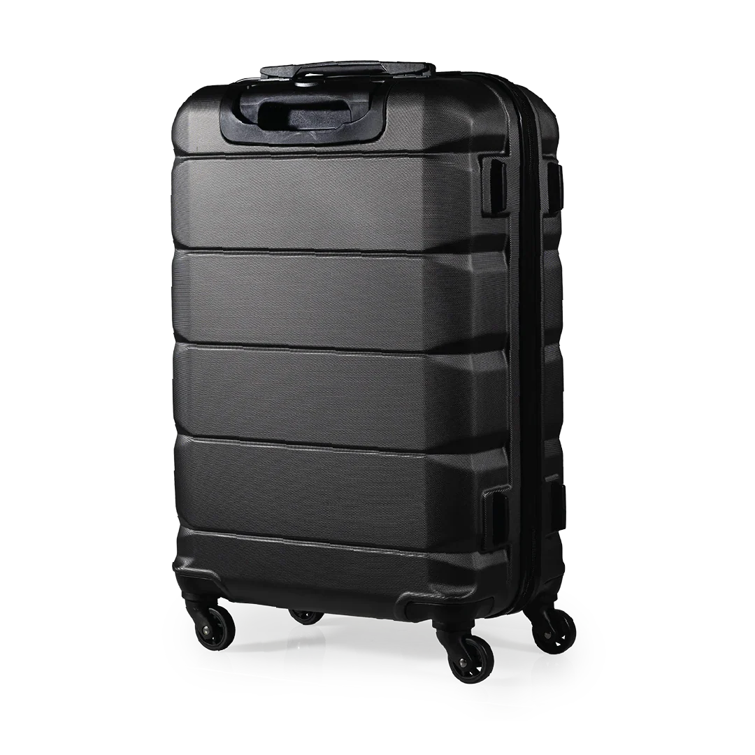 Black suitcase with wheels on a white background