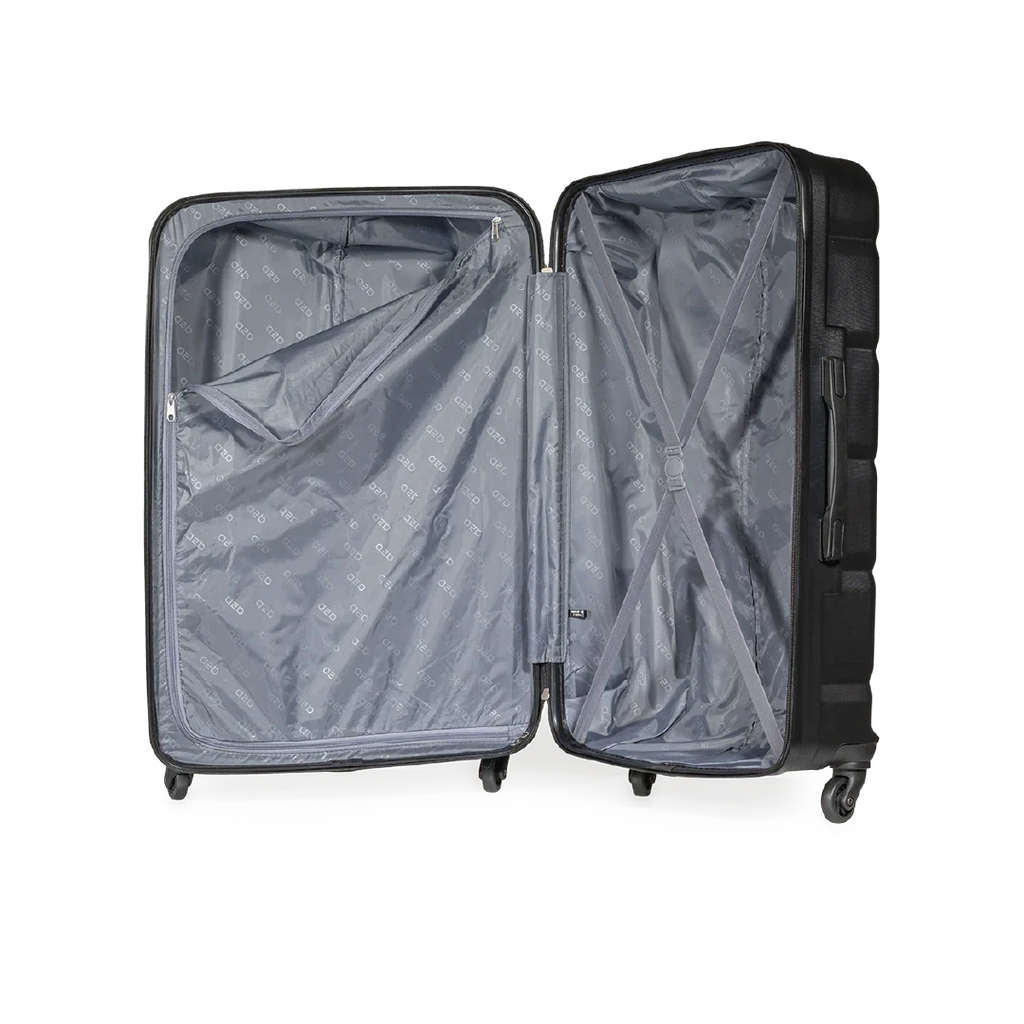 Open black suitcase on a white background